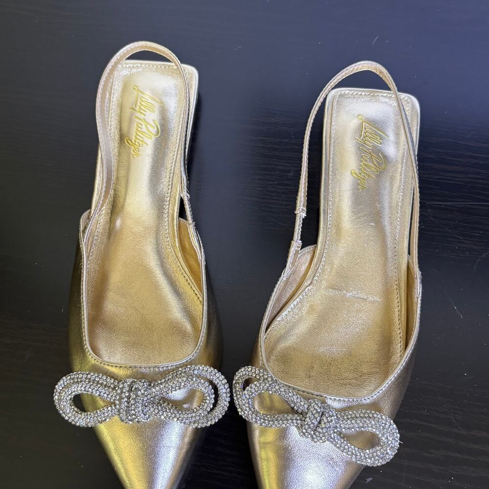 Lilly Pulitzer Brit Gold Leather Slingback Dressy Summer Event Bling Bow Size 9 - Picture 13 of 15